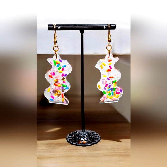 Hand Crafted Jewelry - Handmade Resin Sprinkle Ribbon Style Dangle Earrings